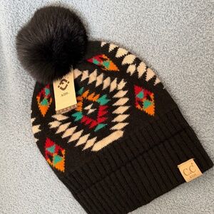 C.C Kids Children Aztec Pattern Winter Beanie Hat with Soft Faux Fur Pom NWT